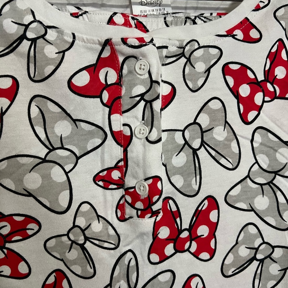 DISNEY Classic Minnie Mouse Bow 2 Piece Pajama Set White Red Grey Women's Sz 1X - Picture 2 of 7